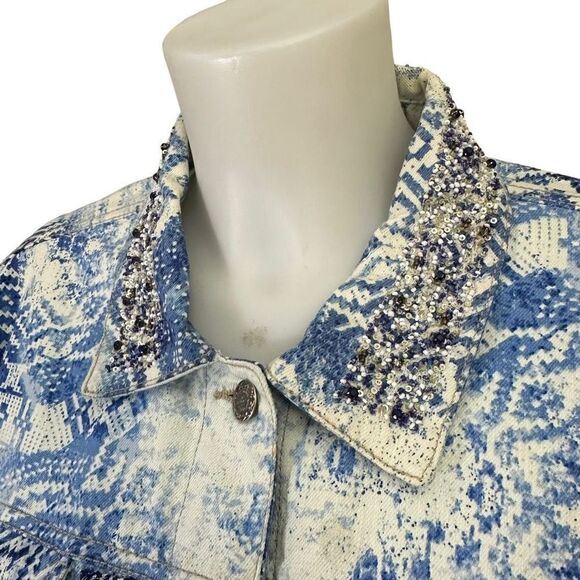 Chico’s Mixed Artisan Pattern Beaded Cropped Jean Jacket in Mysterious Blue XL - Picture 2 of 12